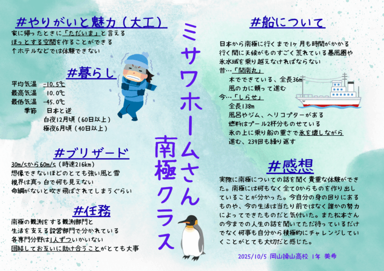 南極には何もなく全て0から自分たちだけでものを作り上げなければならいことを知り、今の自分の生活は当たり前ではないことに気付きました。また、お話を聞いてただ待っているだけでなく何事も積極的にチャレンジして色んな経験を積んでいきたいと思いました。